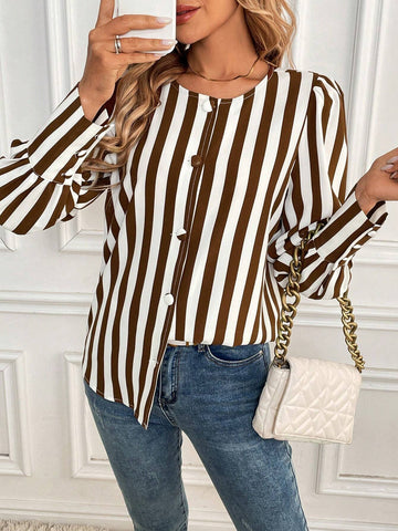 LUNE Women's Button Front Long Sleeve Striped Minimalist Casual Blouse