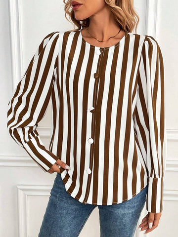 LUNE Women's Button Front Long Sleeve Striped Minimalist Casual Blouse