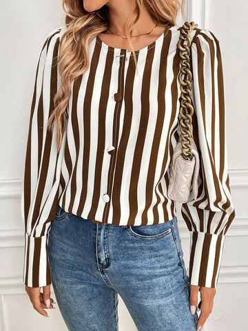 LUNE Women's Button Front Long Sleeve Striped Minimalist Casual Blouse