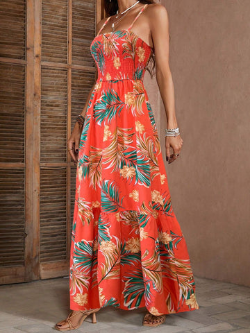 Women's Cable Knit & Botanical Printed Strappy Dress (Random Print)