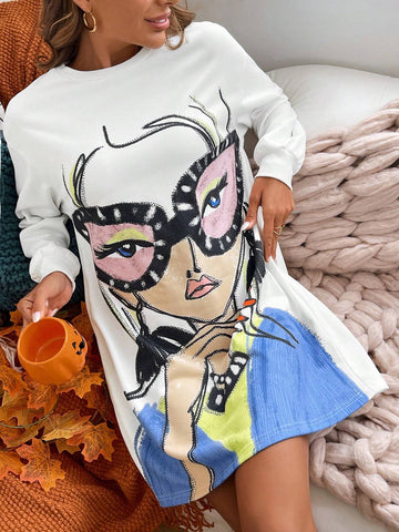 Women's Casual Abstract Figure Graphic Pocket Long Sleeve Short Sweatshirt Dress, Autumn/Winter