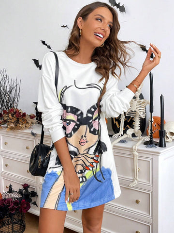 Women's Casual Abstract Figure Graphic Pocket Long Sleeve Short Sweatshirt Dress, Autumn/Winter