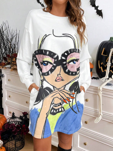 Women's Casual Abstract Figure Graphic Pocket Long Sleeve Short Sweatshirt Dress, Autumn/Winter
