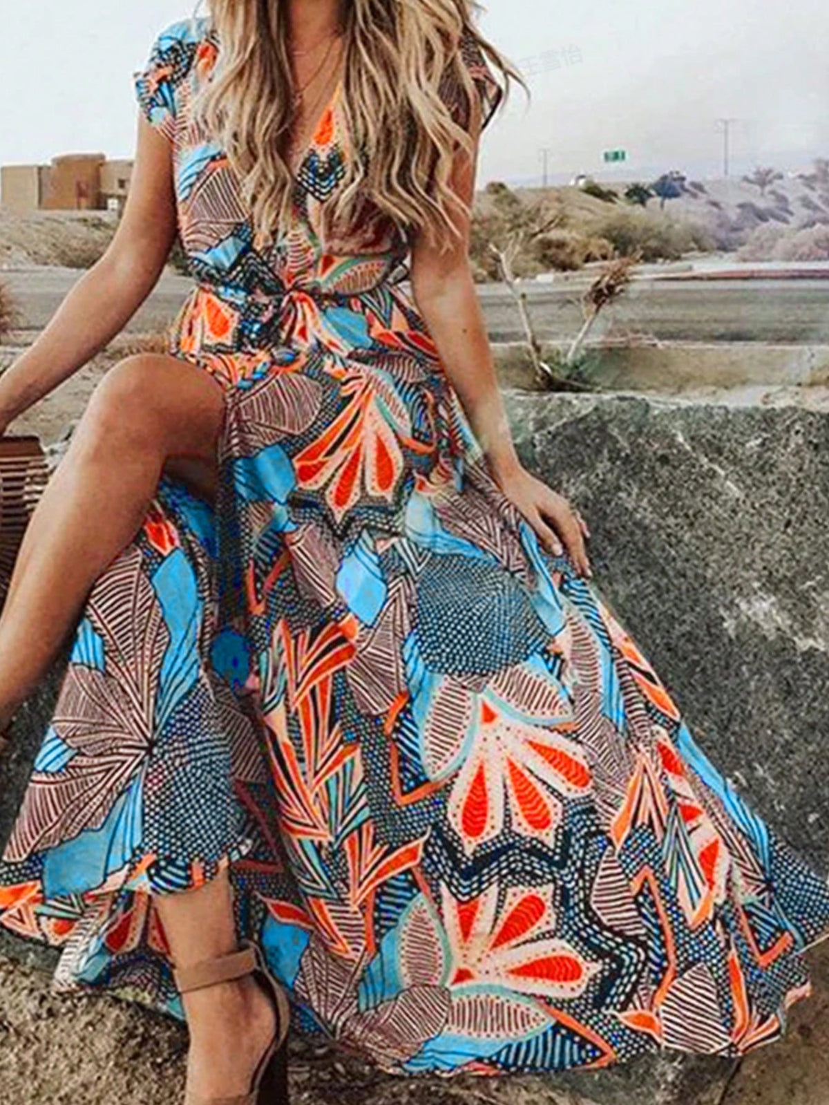 Women's Casual All-Over Print Cinching Waist Slit Dress