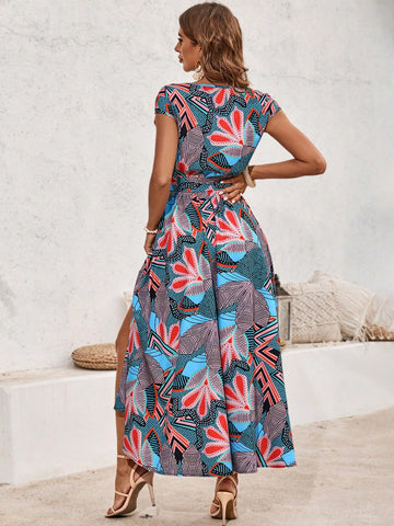 Women's Casual All-Over Print Cinching Waist Slit Dress