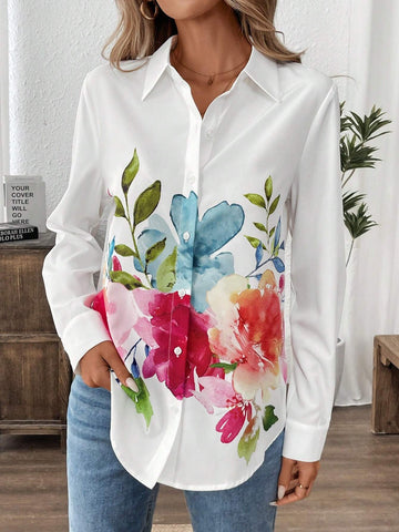 LUNE Women's Casual Allover Floral Print Long Sleeve Blouse For Outdoor & Work