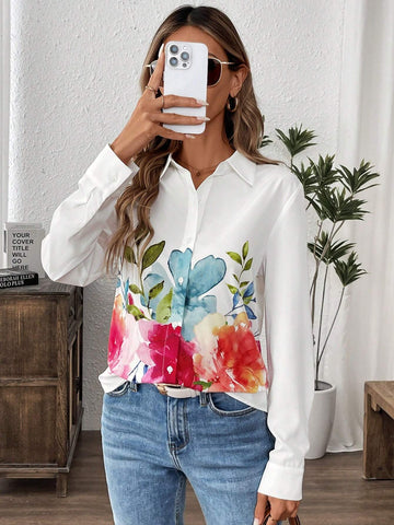 LUNE Women's Casual Allover Floral Print Long Sleeve Blouse For Outdoor & Work