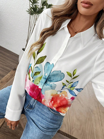 LUNE Women's Casual Allover Floral Print Long Sleeve Blouse For Outdoor & Work