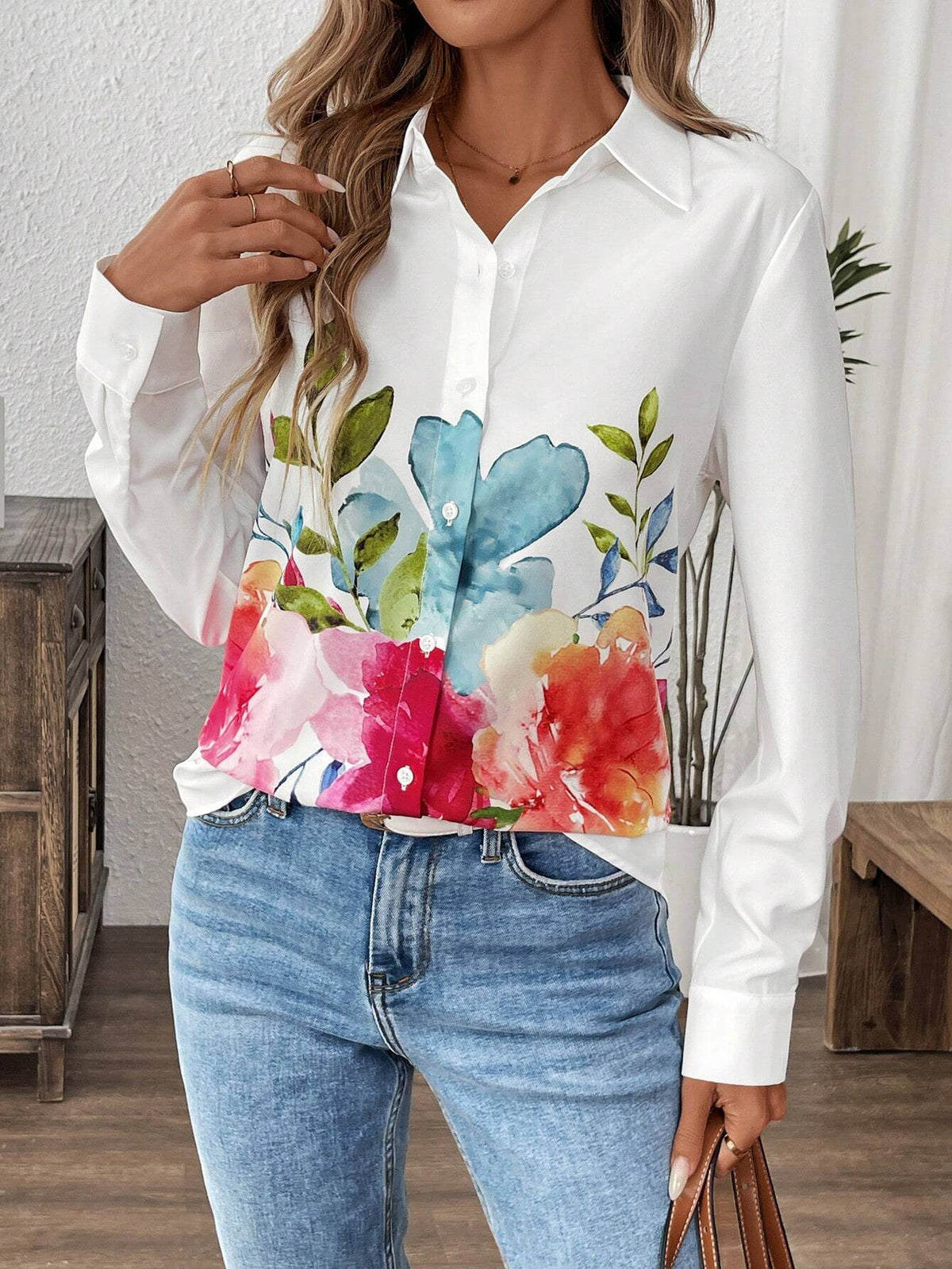 LUNE Women's Casual Allover Floral Print Long Sleeve Blouse For Outdoor & Work
