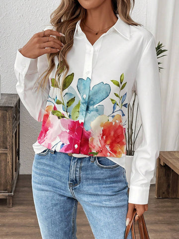 LUNE Women's Casual Allover Floral Print Long Sleeve Blouse For Outdoor & Work
