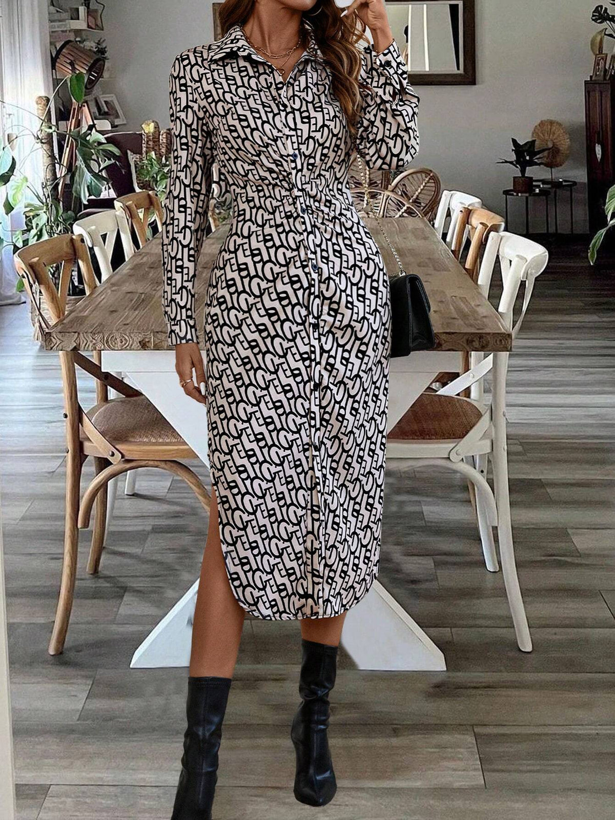 Women's Casual Allover Print Button Front Curved Hem Shirt Dress, Autumn
