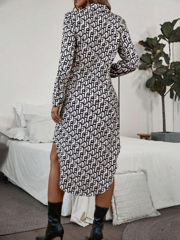 Women's Casual Allover Print Button Front Curved Hem Shirt Dress, Autumn