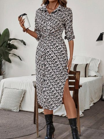Women's Casual Allover Print Button Front Curved Hem Shirt Dress, Autumn