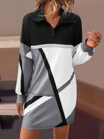 Women's Casual Autumn/Winter Geometric Print Patchwork Collar Dress