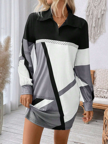Women's Casual Autumn/Winter Geometric Print Patchwork Collar Dress