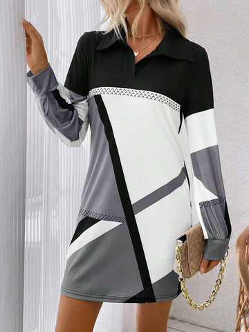 Women's Casual Autumn/Winter Geometric Print Patchwork Collar Dress