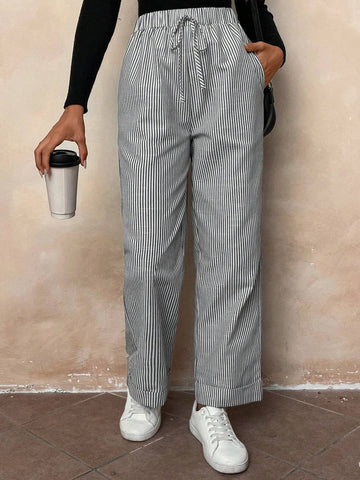 LUNE Women's Casual Black And White Striped Loose Everyday Pants