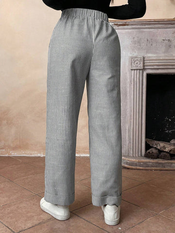 LUNE Women's Casual Black And White Striped Loose Everyday Pants