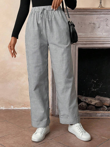 LUNE Women's Casual Black And White Striped Loose Everyday Pants