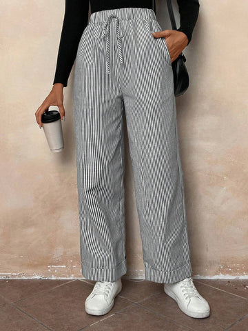 LUNE Women's Casual Black And White Striped Loose Everyday Pants