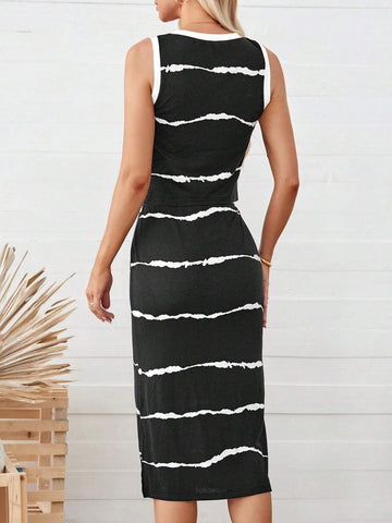 Women's Casual Black And White Striped Straight Skirt With Split Hem Vest 2pcs Set