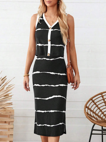 Women's Casual Black And White Striped Straight Skirt With Split Hem Vest 2pcs Set