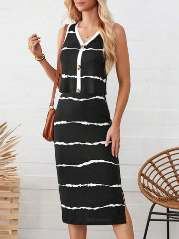 Women's Casual Black And White Striped Straight Skirt With Split Hem Vest 2pcs Set