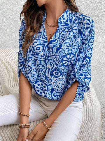 LUNE Women's Casual Blue & White Print V-Neck Puff Sleeve Blouse