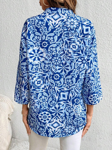 LUNE Women's Casual Blue & White Print V-Neck Puff Sleeve Blouse