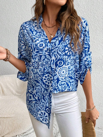 LUNE Women's Casual Blue & White Print V-Neck Puff Sleeve Blouse