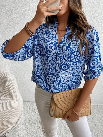 LUNE Women's Casual Blue & White Print V-Neck Puff Sleeve Blouse