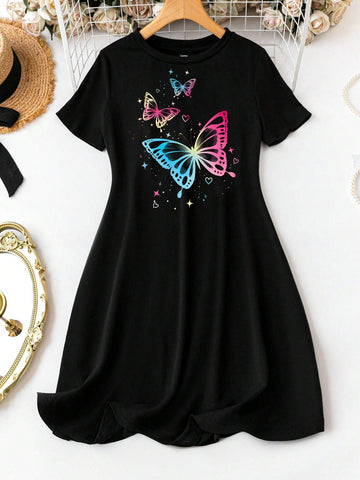 Women's Casual Butterfly Pattern Loose Fit Crop Sleeve Mini Dress With Round Neckline, Suitable Fo