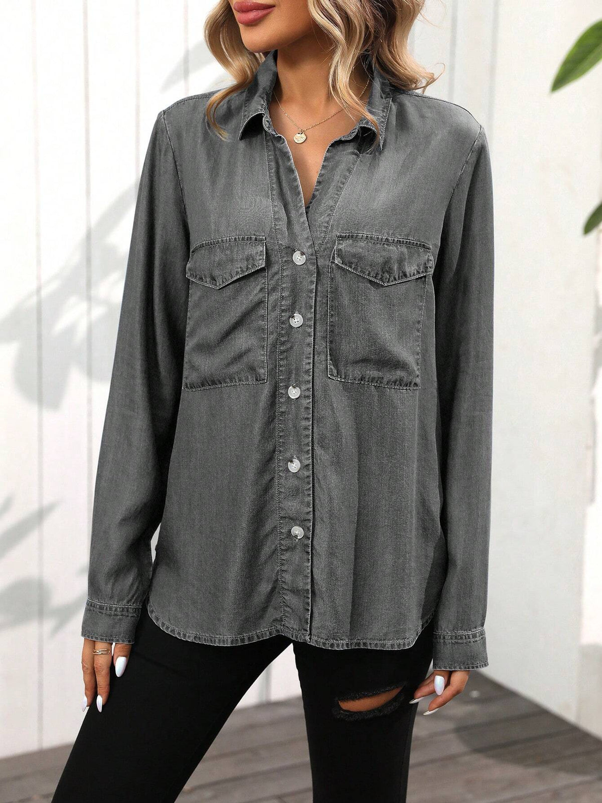 LUNE Women's Casual Button-Down Long Sleeve Shirt With Front Pocket, Suitable For Autumn Outdoor Wear