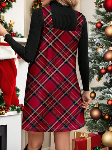 Women's Casual Christmas Red Plaid Pattern Overall Mini Dress, Suitable For Autumn/Winter