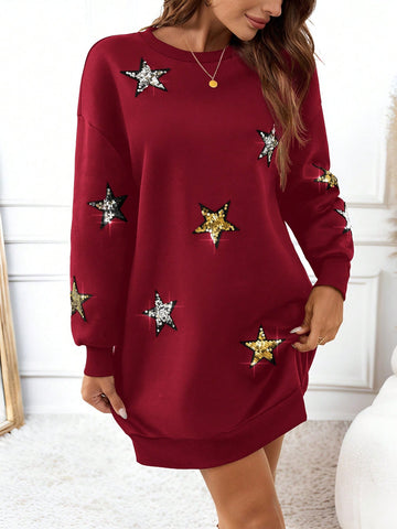 Women's Casual Christmas Star Rhinestone Embroidery Sweatshirt Short Dress, Basic Daily Wear For Autumn/Winter