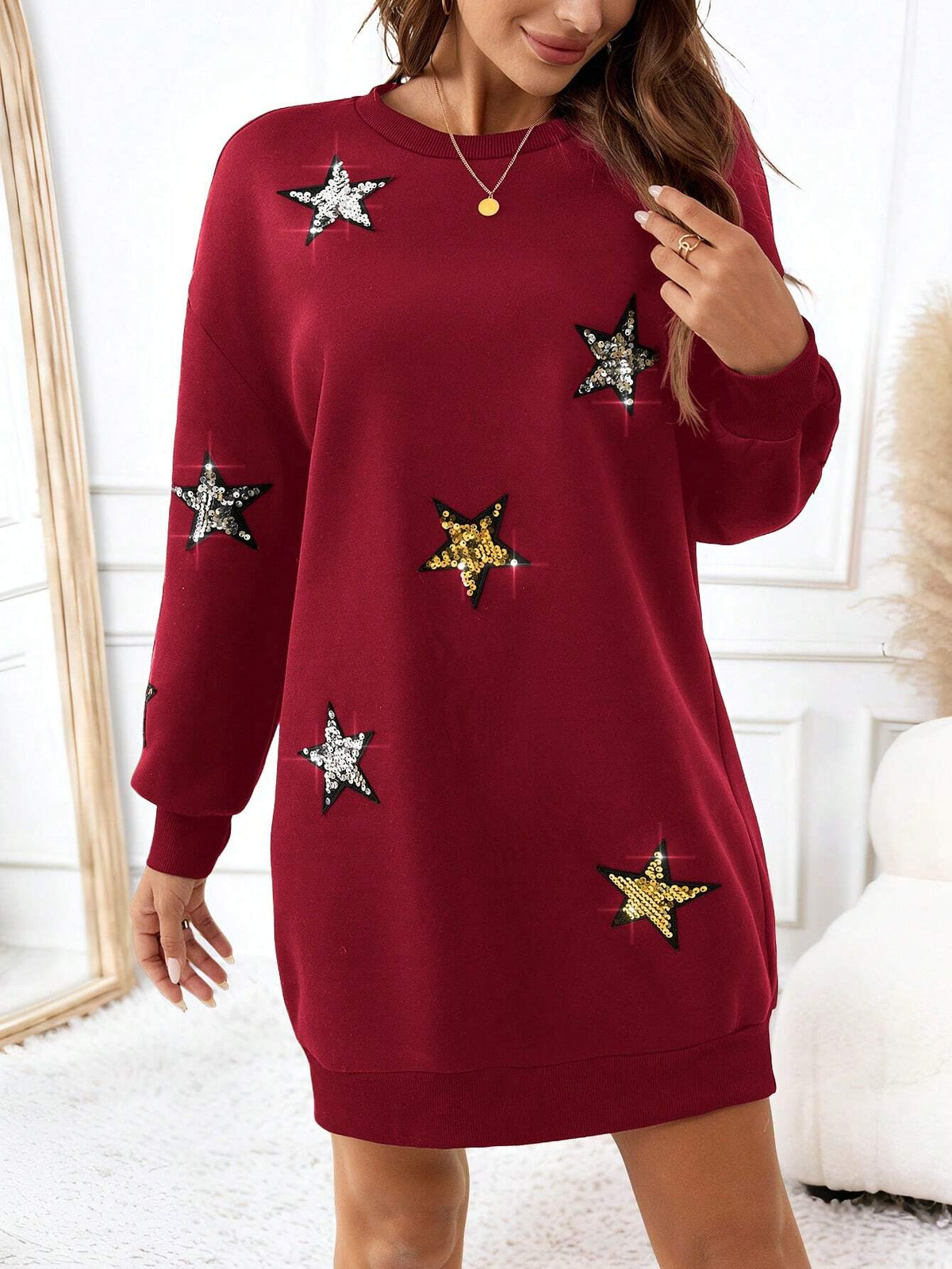 Women's Casual Christmas Star Rhinestone Embroidery Sweatshirt Short Dress, Basic Daily Wear For Autumn/Winter