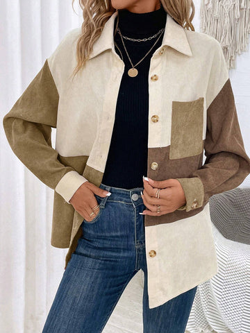 LUNE Women's Casual Contrast Color Button Front Pocket Long Sleeve Shirt, Autumn