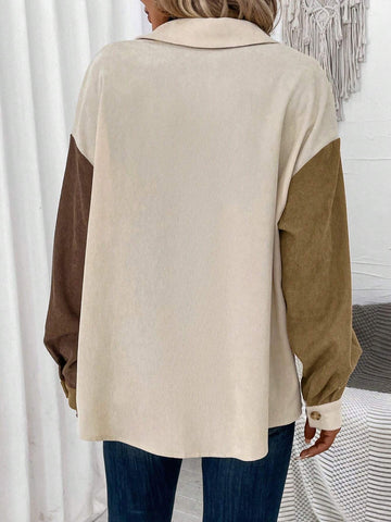 LUNE Women's Casual Contrast Color Button Front Pocket Long Sleeve Shirt, Autumn