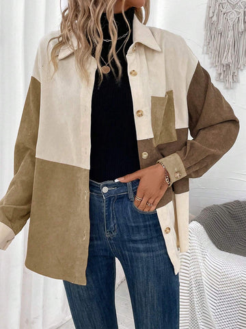 LUNE Women's Casual Contrast Color Button Front Pocket Long Sleeve Shirt, Autumn