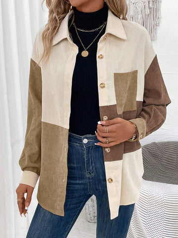 LUNE Women's Casual Contrast Color Button Front Pocket Long Sleeve Shirt, Autumn