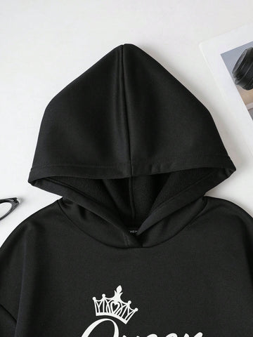 Women's Casual Crown & Letter Print Hoodie And Sweatpants Two-Piece Set