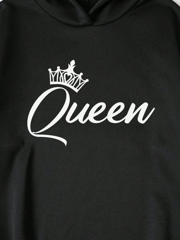 Women's Casual Crown & Letter Print Hoodie And Sweatpants Two-Piece Set