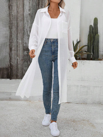 LUNE Women's Casual Daily Long White Shirt With Textured Solid Color