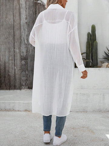 LUNE Women's Casual Daily Long White Shirt With Textured Solid Color