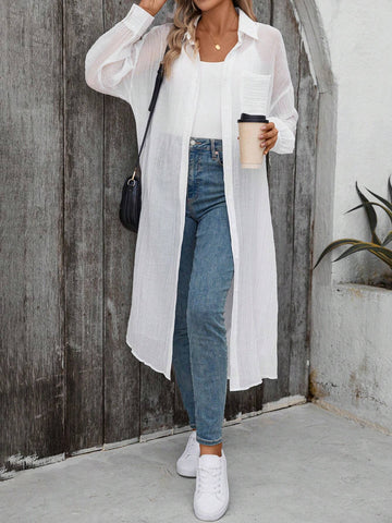 LUNE Women's Casual Daily Long White Shirt With Textured Solid Color