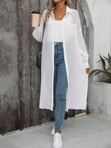 LUNE Women's Casual Daily Long White Shirt With Textured Solid Color