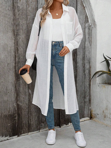 LUNE Women's Casual Daily Long White Shirt With Textured Solid Color