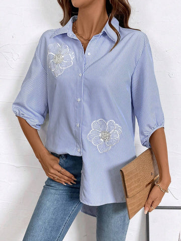 LUNE Women's Casual Embroidered Floral Blue And White Striped Shirt