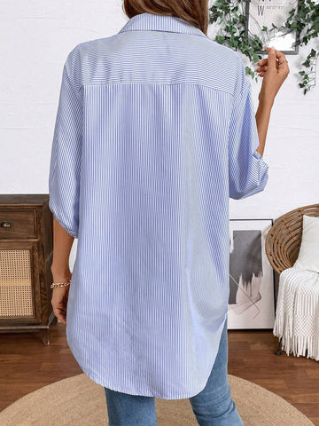 LUNE Women's Casual Embroidered Floral Blue And White Striped Shirt