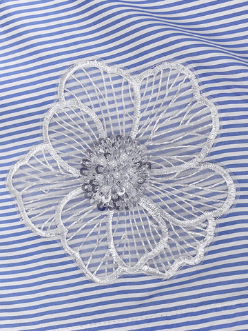 LUNE Women's Casual Embroidered Floral Blue And White Striped Shirt